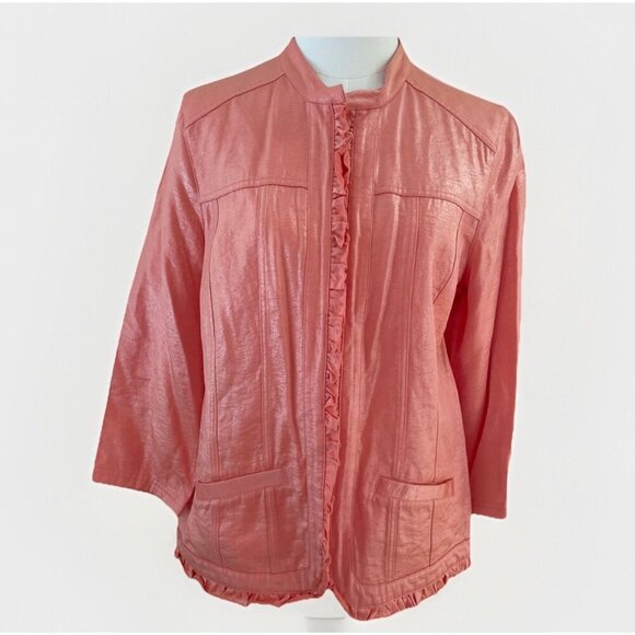 Chico's Ruffle Trim Blazer Jacket Size 8 (1) Pastel Peach 3/4 Sleeve Spring - Picture 1 of 12